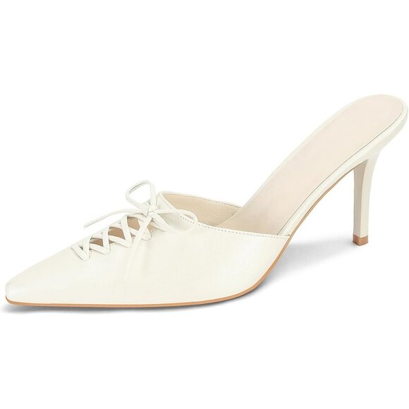 Women's Leather Stiletto Pointed Closed Toe Dressy Bow Heel Vintage Heeled Mules